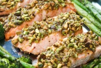 Crispy Pistachio Salmon with Maple Dijon Drizzle and Fresh Spring Greens