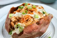 Effortless Instant Pot Buffalo Chicken Loaded Sweet Potatoes
