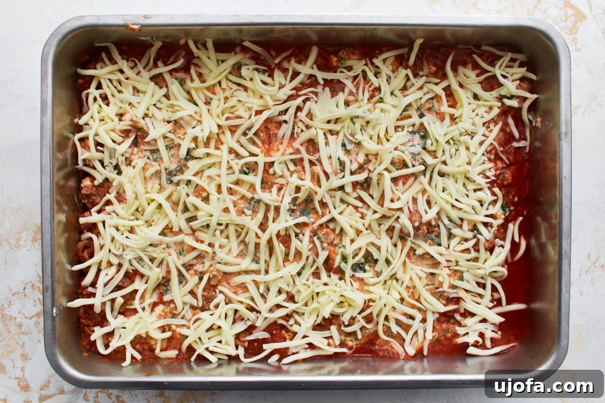 Irresistible Gluten-Free Lasagna 10 A partially assembled gluten-free lasagna in a tin baking dish, showing distinct layers of noodles, sauce, ricotta mixture, and shredded mozzarella cheese.