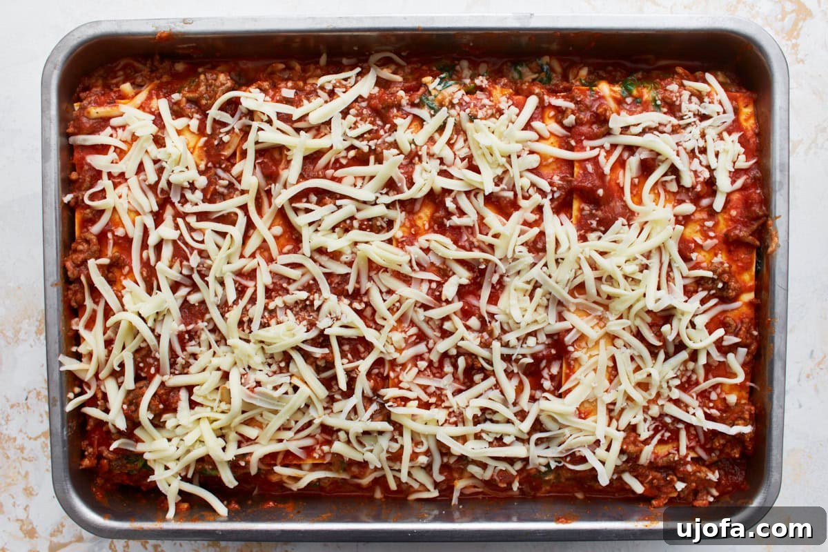 Irresistible Gluten-Free Lasagna 11 A fully layered, uncooked gluten-free lasagna in a tin baking dish, generously topped with shredded mozzarella cheese, ready for baking.