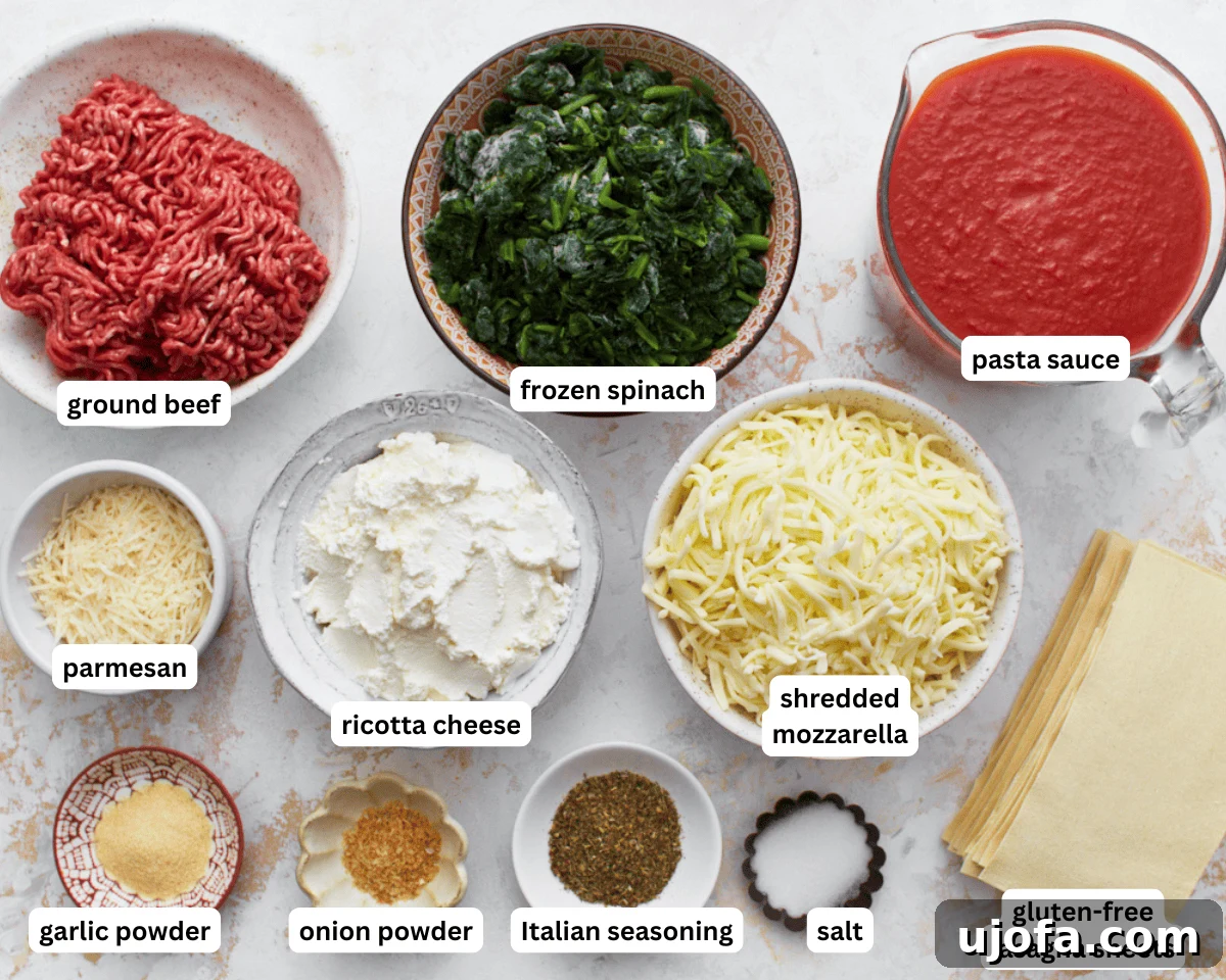 Irresistible Gluten-Free Lasagna 4 Various fresh ingredients, including ground beef, gluten-free pasta sauce, spinach, and cheeses, prepped on a countertop ready to make gluten-free lasagna.