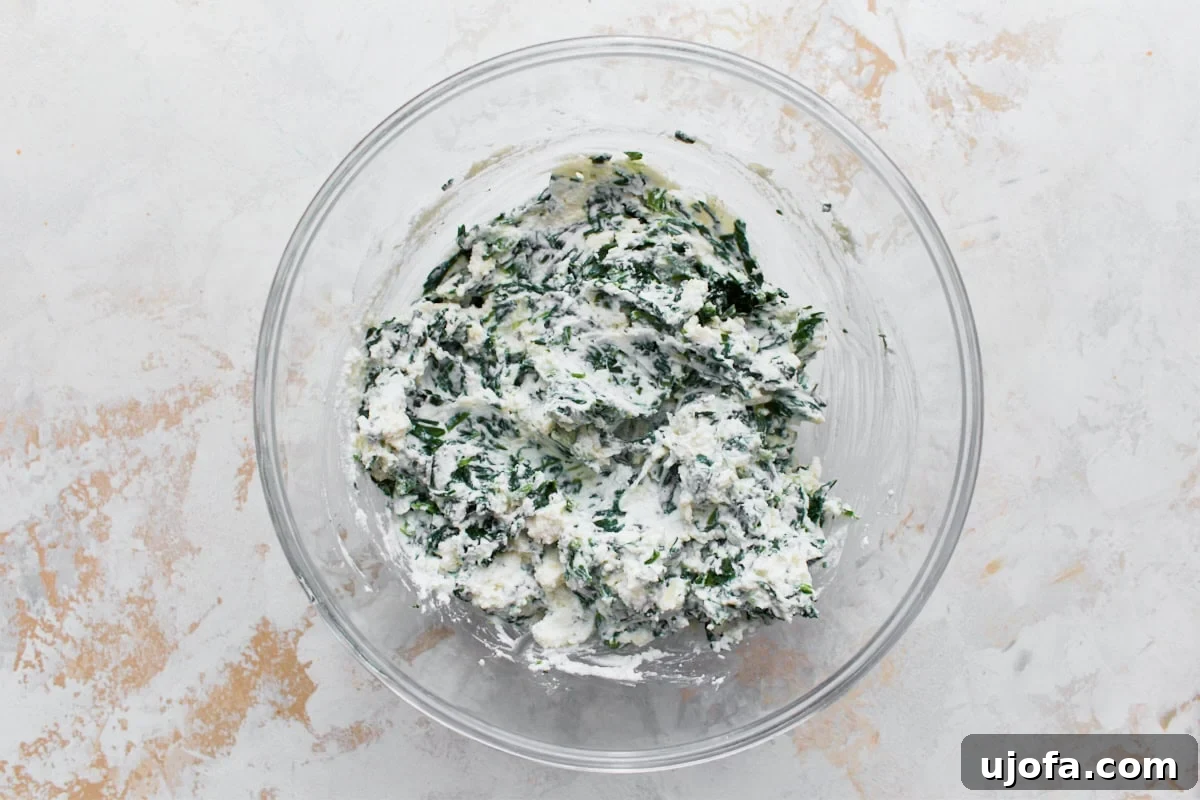 Irresistible Gluten-Free Lasagna 8 A creamy mixture of ricotta cheese, Parmesan cheese, and thoroughly drained chopped spinach in a large glass bowl, ready to be layered.