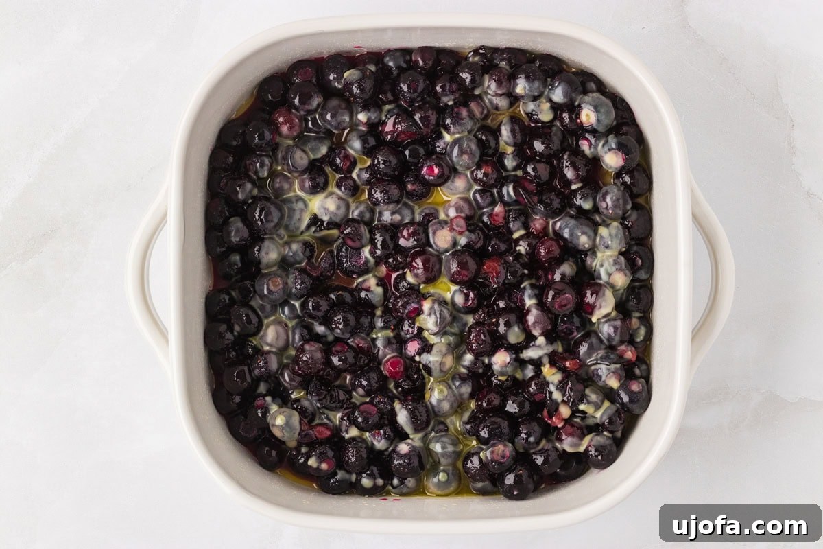 Blueberry filling poured into a white baking dish and topped with melted butter.