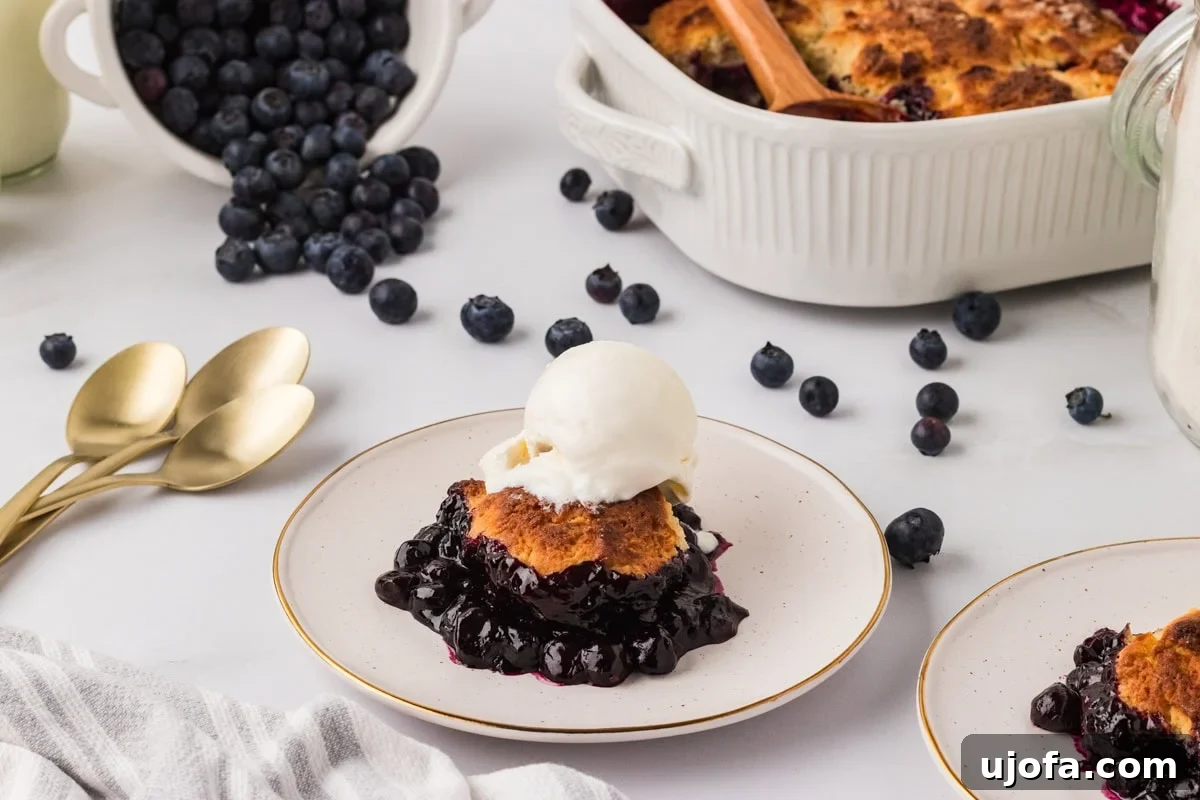 A serving of gluten-free blueberry cobbler topped with a scoop of vanilla ice cream on a plate, with fresh blueberries scattered around and the full baking dish in the background.