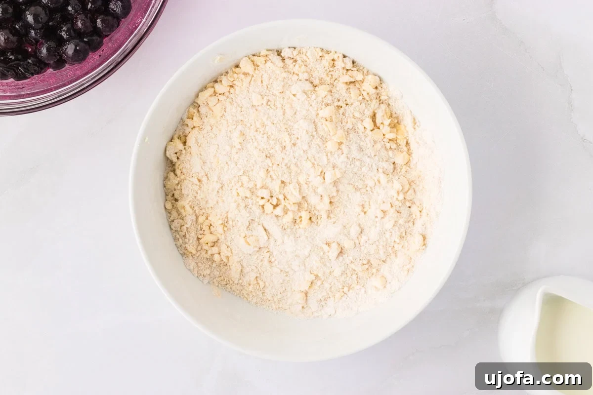 Gluten-free flour mixture with small chunks of butter cut in, ready for wet ingredients to be added.