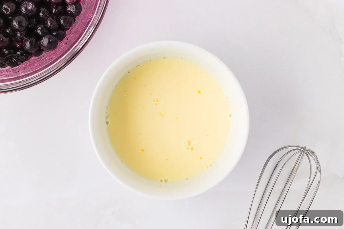 Whisked egg and dairy-free milk in a small white bowl next to a whisk and bowl of blueberries.