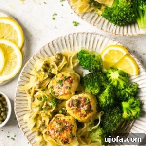 Zesty Gluten-Free Chicken Piccata Meatballs 7 gluten free chicken piccata meatballs with pasta and broccoli and lemon on 2 plates