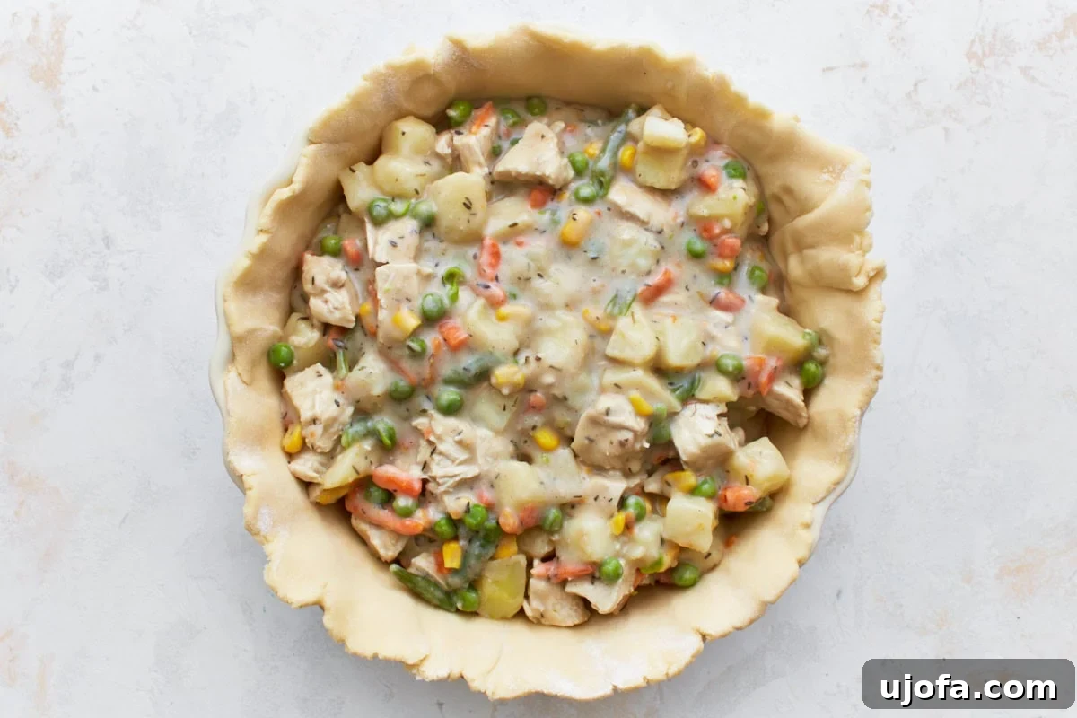 The Ultimate Gluten-Free Chicken Pot Pie 13 gluten-free chicken pot pie filling in a gluten-free pie crust in a baking dish on a light countertop