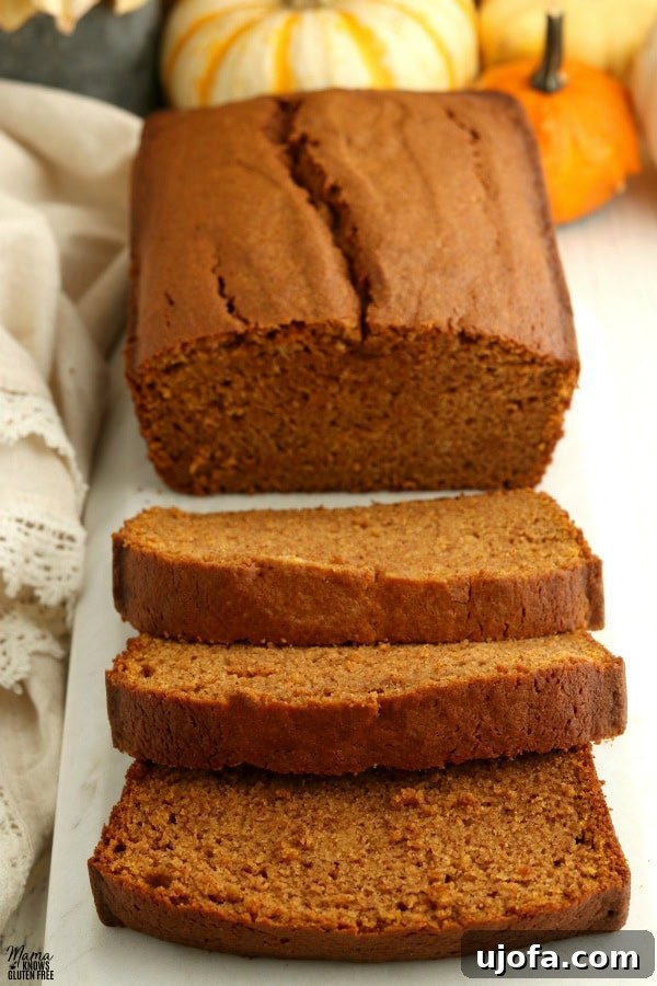 Savor the Season: Gluten-Free Pumpkin Masterpieces 3 loaf of gluten-free pumpkin bread with 3 slices cut out of it