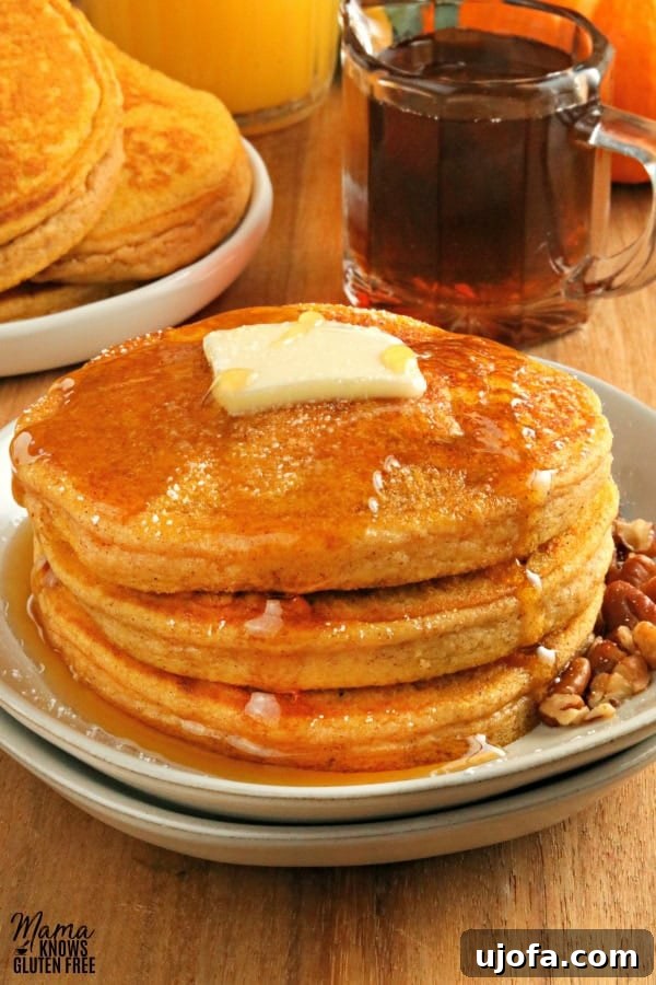 Savor the Season: Gluten-Free Pumpkin Masterpieces 4 gluten-free pumpkin pancakes stacked on a white plate with syrup and more pancakes in the background