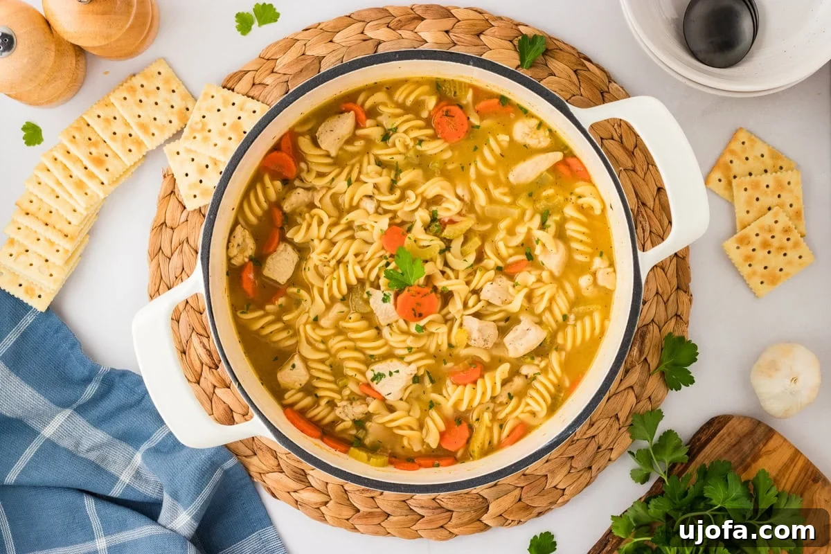 A beautifully presented pot of gluten-free chicken noodle soup, garnished with fresh parsley. It is surrounded by crisp crackers, fresh garlic, and a rustic kitchen towel, creating an inviting and wholesome meal scene on a light-colored table.