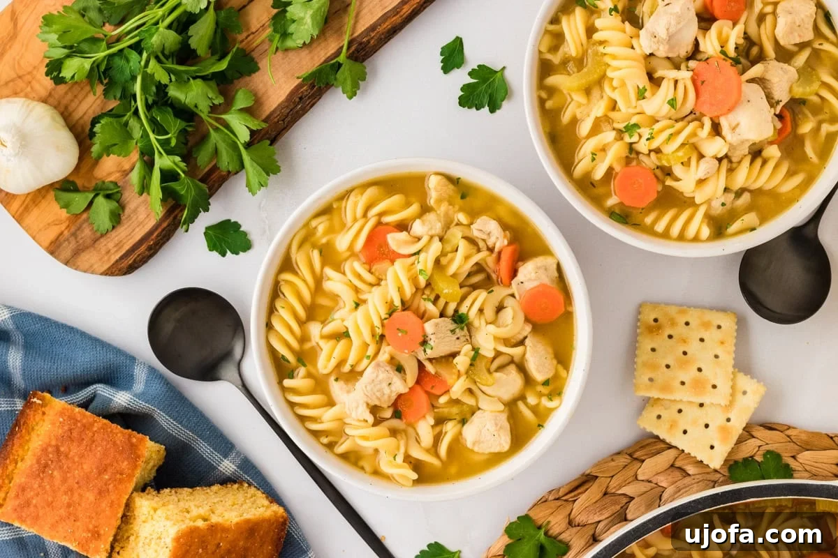 Two generous bowls of gluten-free chicken noodle soup, brimming with spiral noodles, savory chicken pieces, and colorful vegetables in a rich, golden broth. The bowls are thoughtfully arranged on a wooden board, surrounded by fresh parsley, garlic, cornbread, crackers, and spoons, with a cozy blue kitchen towel nearby, evoking a sense of warmth and comfort.