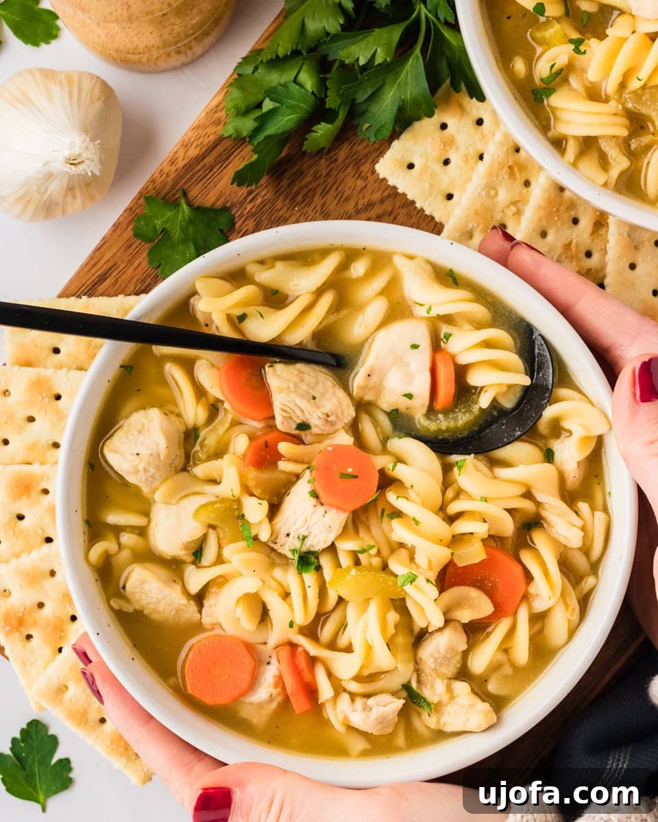 A pair of hands gently holding a rustic bowl of gluten-free chicken noodle soup, beautifully garnished with fresh parsley. The soup is rich with spiral noodles, succulent chicken chunks, tender carrots, and celery, all in a golden broth. In the background, there are crackers and fresh herbs, enhancing the inviting, homemade feel of the meal.