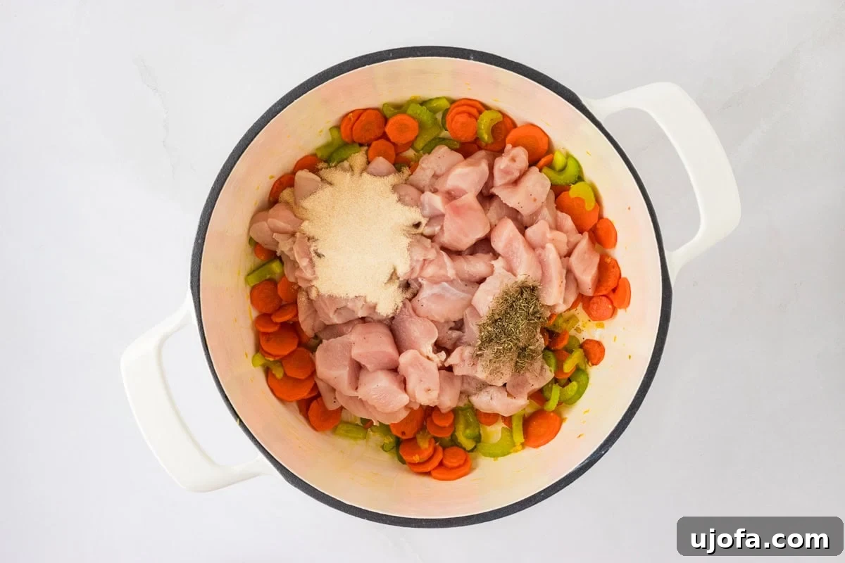 Raw chicken chunks are mixed with sautéed carrots and celery in a white pot, seasoned with dried herbs. This image captures the stage where protein and additional spices are added to the soup base.