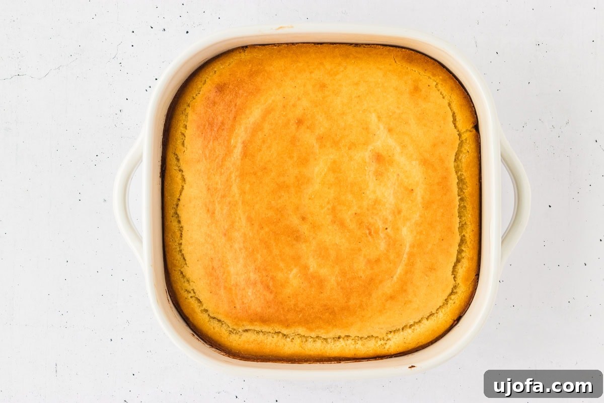 Savory Gluten-Free Cornbread Dressing 10 A golden, freshly baked gluten-free cornbread in a white casserole dish with slightly crisp edges, just out of the oven.