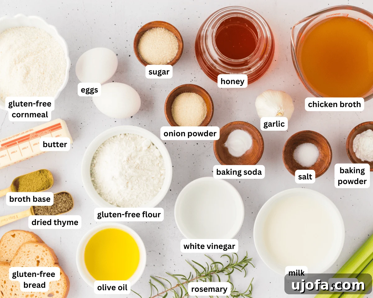 Savory Gluten-Free Cornbread Dressing 4 Gluten-free cornbread stuffing ingredients laid out on a table, including flour, cornmeal, eggs, milk, and various spices.