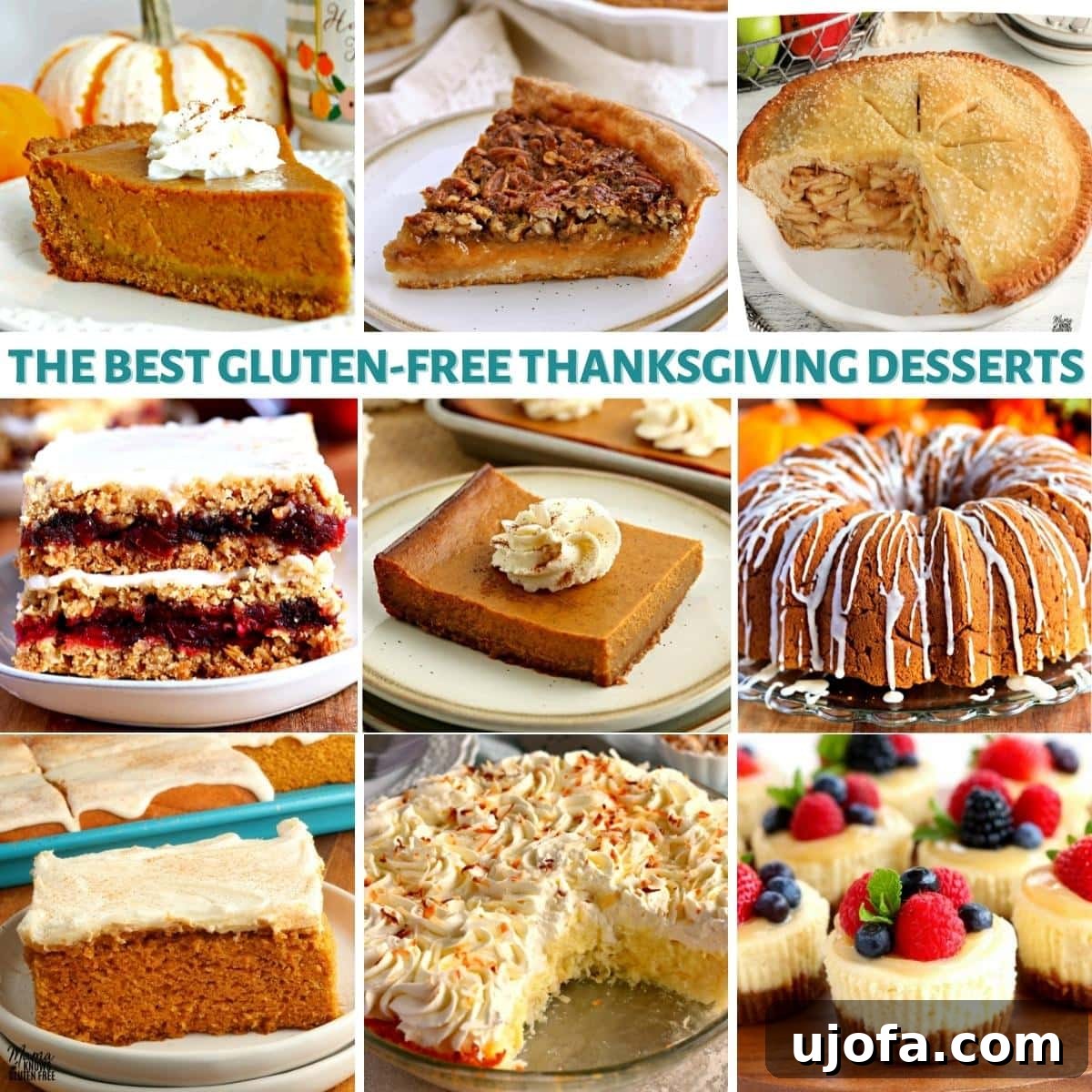 A vibrant photo collage showcasing a variety of delicious gluten-free Thanksgiving desserts, including pies, cakes, and bars, beautifully arranged to inspire holiday baking.
