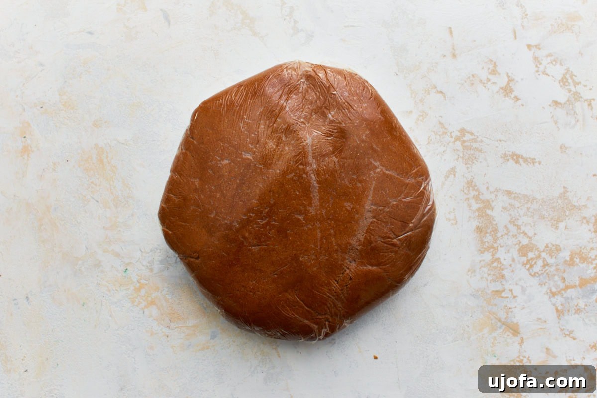Guilt-Free Gingerbread Bliss 11 A disk-shaped ball of gluten-free gingerbread dough, neatly wrapped in clear plastic cling film, chilling in the refrigerator.
