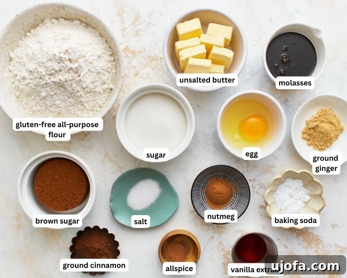 Guilt-Free Gingerbread Bliss 3 An inviting close-up of all the dry and wet ingredients neatly laid out for making gluten-free gingerbread, showcasing their freshness and readiness for baking.