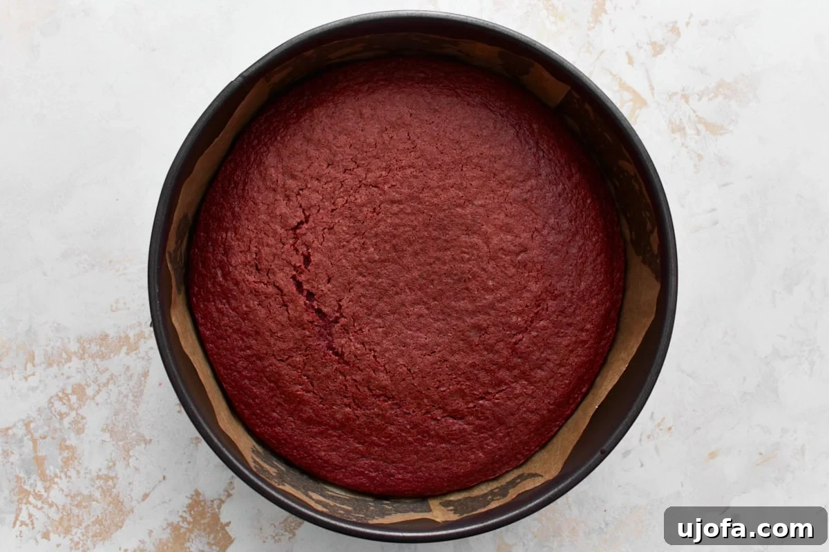 Baked gluten-free red velvet cake layer in a baking pan 