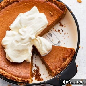 An inviting overhead view of a gluten-free pumpkin pie, beautifully topped with a swirl of whipped cream, set in a pie dish with several slices already enjoyed.