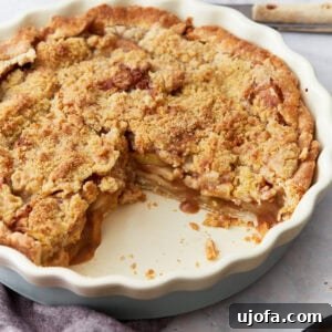 A inviting gluten-free Dutch apple pie, showcasing its golden-brown streusel topping and baked apples, with a piece already served from the white pie dish.
