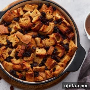 Golden-baked gluten-free bread pudding, generously studded with plump raisins, elegantly served in a rustic round black-handled baking dish.