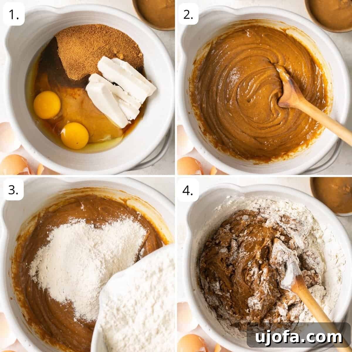 A series of step-by-step photos illustrating the cookie dough preparation process, from mixing ingredients to forming dough balls.