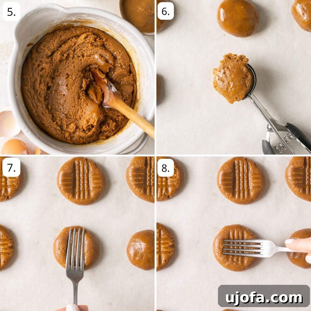 Four sequential photos demonstrating how to scoop peanut butter cookie dough and create the traditional criss-cross pattern using a fork.
