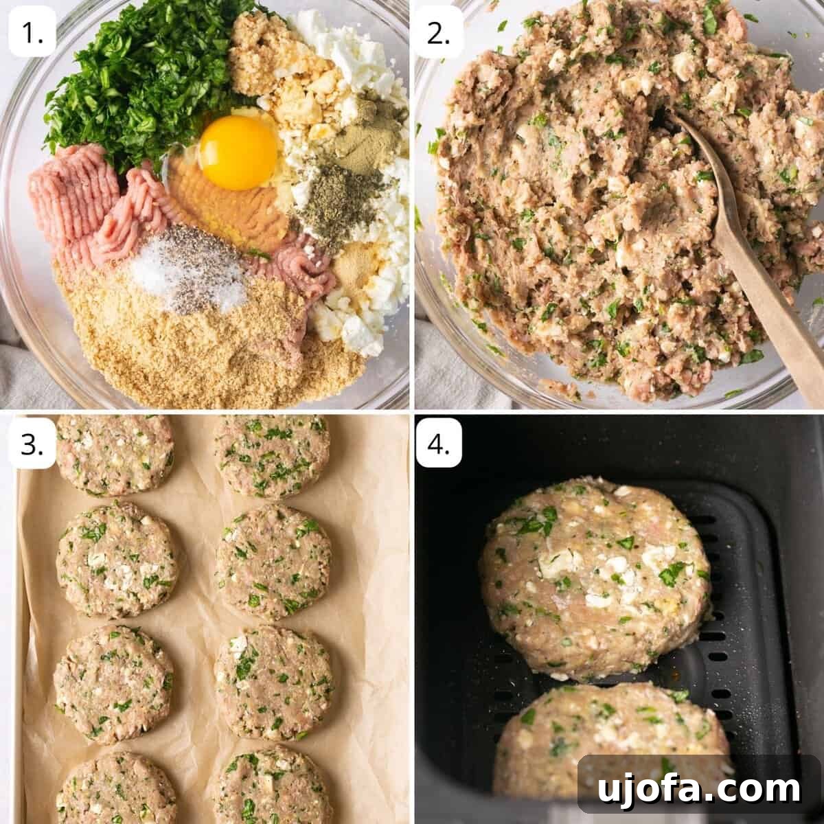 A visual step-by-step guide showing the process of mixing ingredients, forming patties, and finally cooking the turkey burgers in an air fryer.