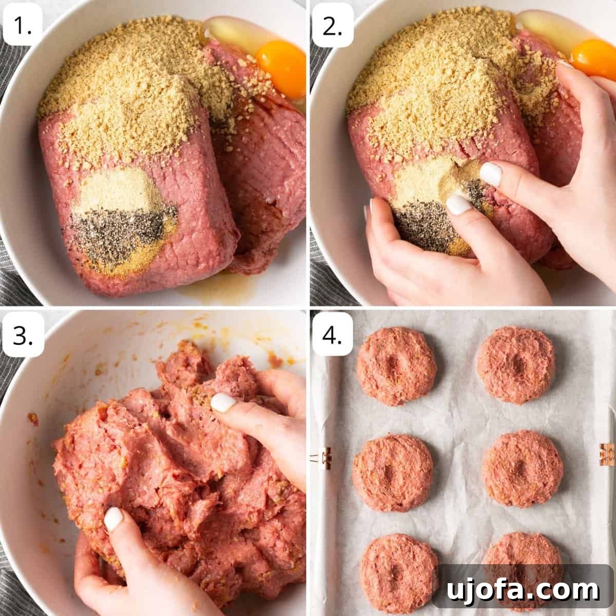 four quadrants of step by step photos showing how to make gluten free burger patties