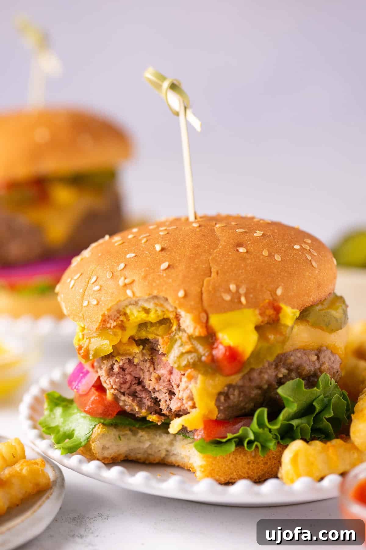 a close up of a cheeseburger on a gluten free hamburger bun with a bite taken out