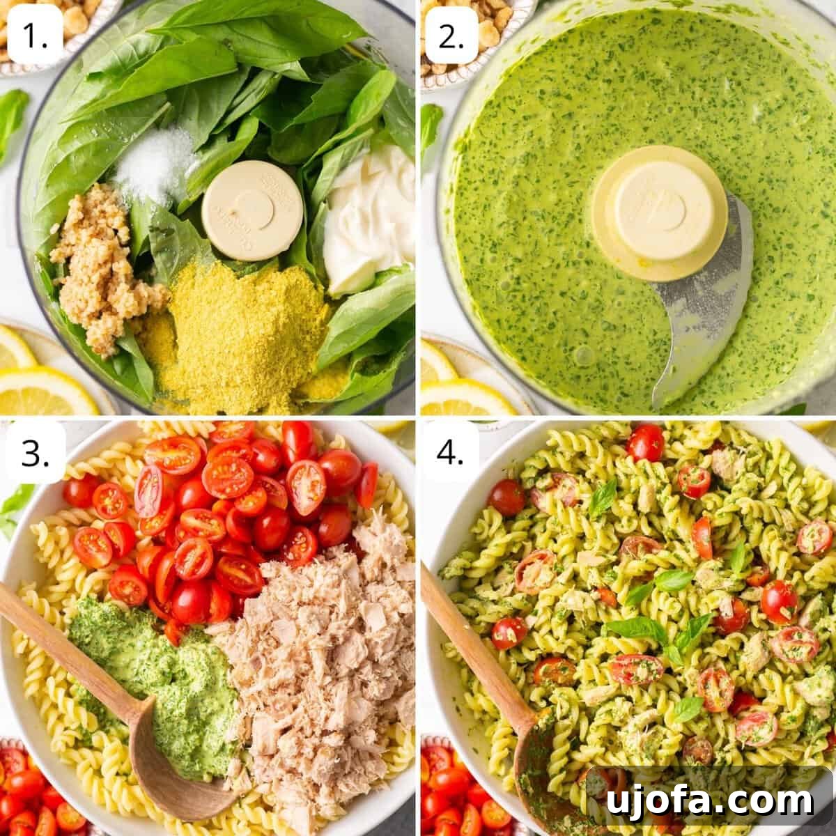 Effortless Gluten-Free Tuna Pesto Pasta 4 four quadrants of step by step photos for how to make this pesto tuna pasta recipe