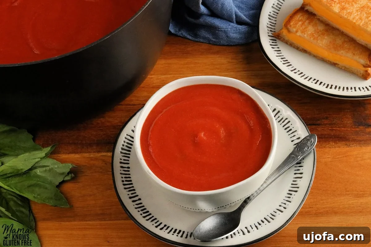 gluten-free tomato soup in a white bowl with grilled cheese sandwiches and the pot of soup, and fresh basil in the background