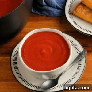 gluten-free tomato soup in a white bowl with a spoon, pot of soup and grilled cheese sandwich in the background