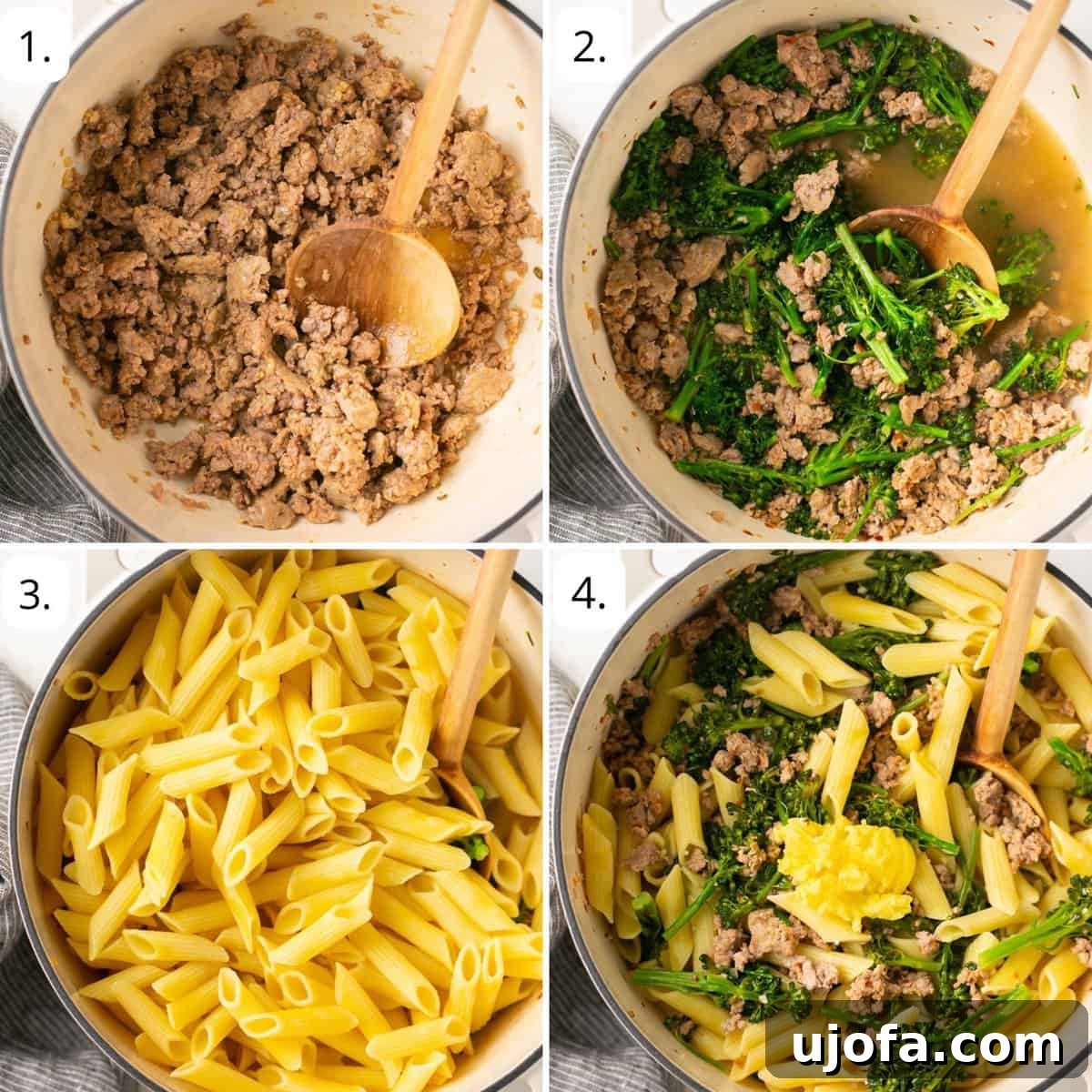 Hearty Sausage and Broccolini Pasta 4 A four-panel image illustrating the step-by-step process of making sausage broccolini pasta, from cooking the pasta to combining all ingredients.