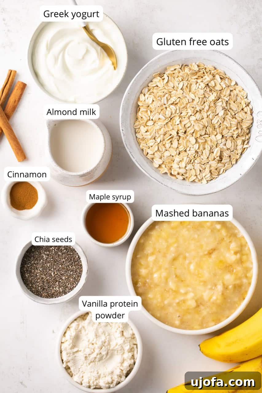 Protein Power Overnight Oats 3 Individual ingredients for protein overnight oats displayed in small bowls and jars: gluten-free oats, chia seeds, Greek yogurt, almond milk, mashed bananas, cinnamon, maple syrup, and vanilla protein powder.