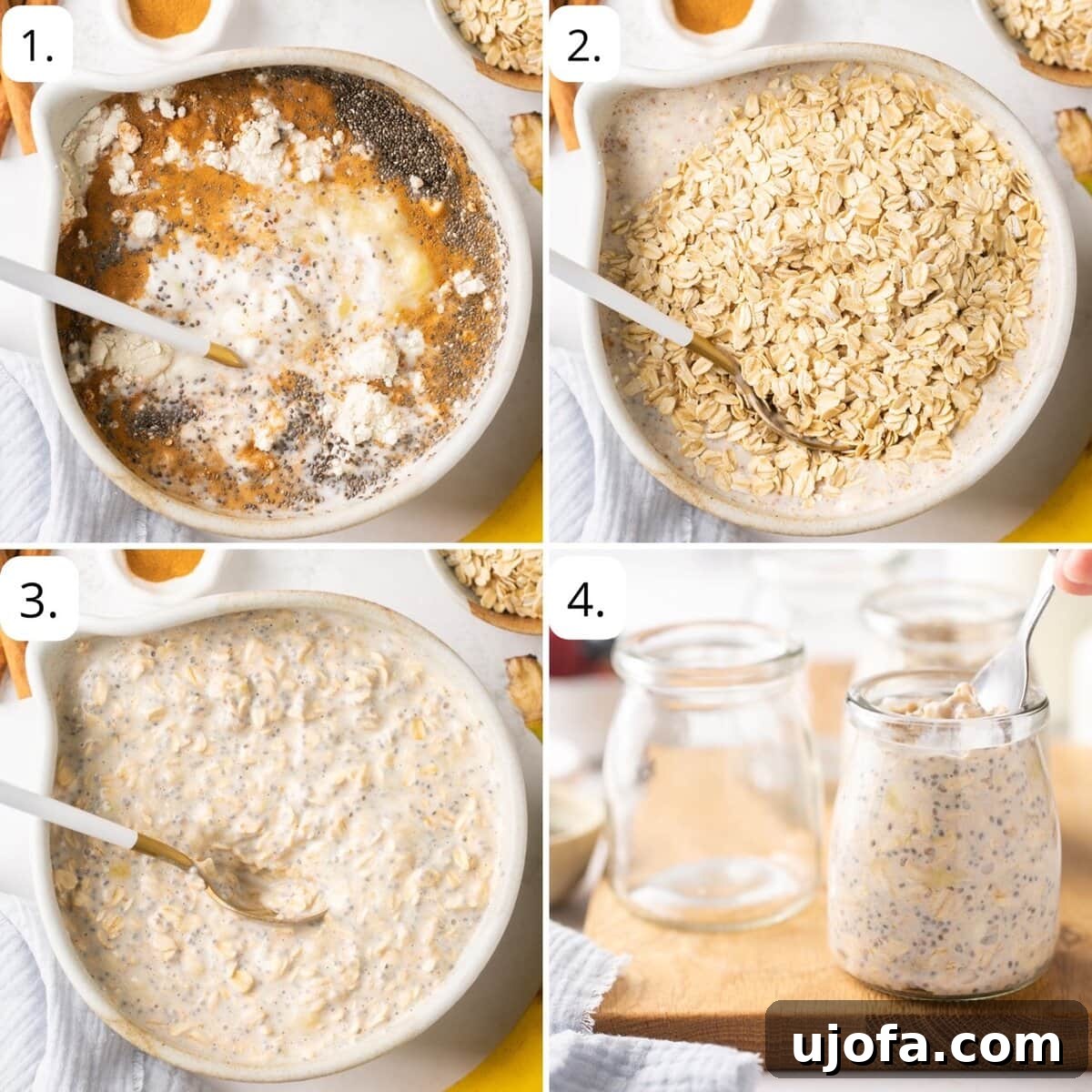 Protein Power Overnight Oats 4 A four-panel image illustrating the step-by-step process of making protein overnight oats: mashing bananas, mixing ingredients, adding oats, and dividing into jars for chilling.