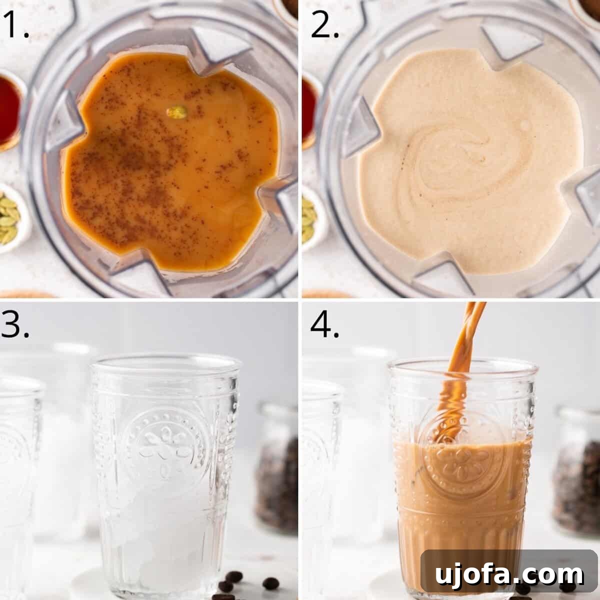 A step-by-step visual guide showing the process of making a creamy mocha iced coffee, ready for blending.