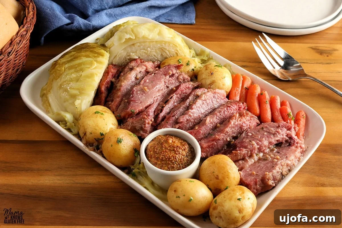 Ultimate Instant Pot Corned Beef and Cabbage 2 A generous platter of Instant Pot corned beef and cabbage, featuring sliced corned beef, vibrant green cabbage wedges, whole baby potatoes, and tender carrots, garnished with fresh parsley and a side of mustard.