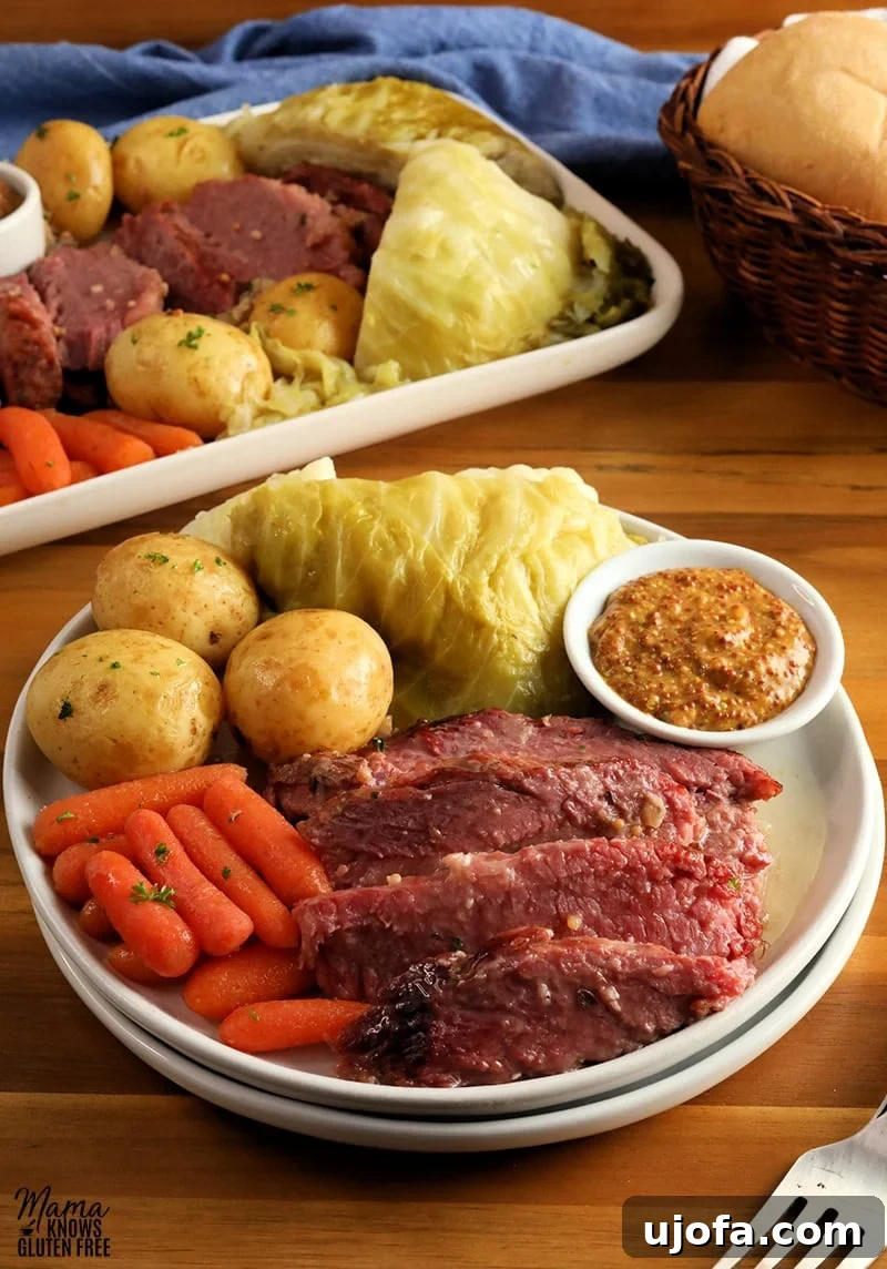 Ultimate Instant Pot Corned Beef and Cabbage 4 A close-up shot of a single serving of corned beef and cabbage on a white plate, featuring sliced corned beef, a wedge of cabbage, baby potatoes, carrots, and a dollop of mustard, with a fork ready to enjoy.