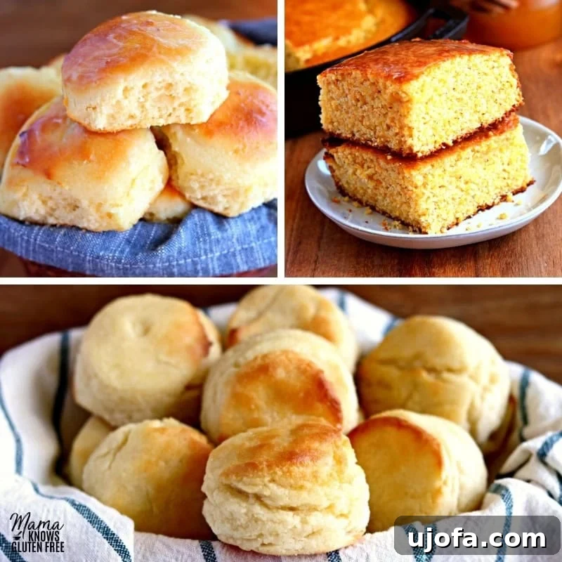 Ultimate Instant Pot Corned Beef and Cabbage 5 A photo collage showcasing various gluten-free bread options, including soft rolls, sweet cornbread slices, and fluffy biscuits, perfect for serving with corned beef and cabbage.
