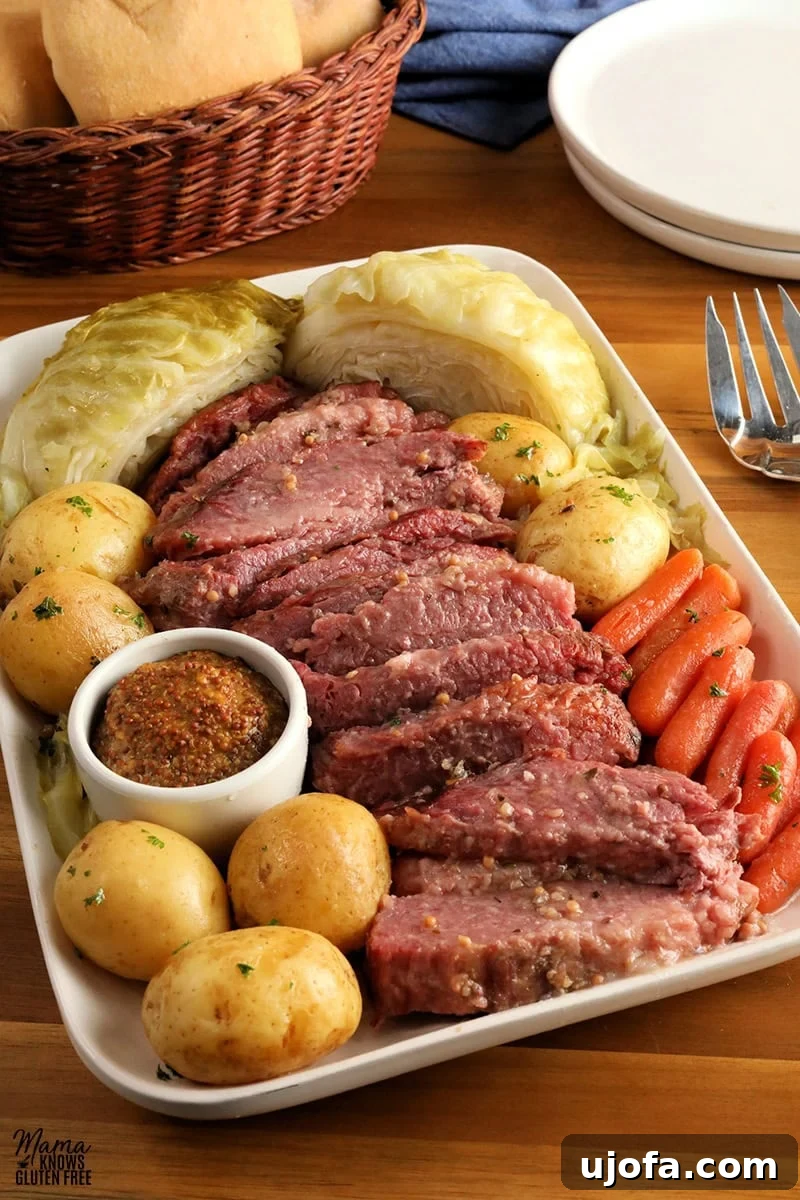 Ultimate Instant Pot Corned Beef and Cabbage 6 A platter laden with Instant Pot corned beef, cabbage wedges, baby carrots, and potatoes, accompanied by a ramekin of mustard, with white plates and a bread basket in the background.