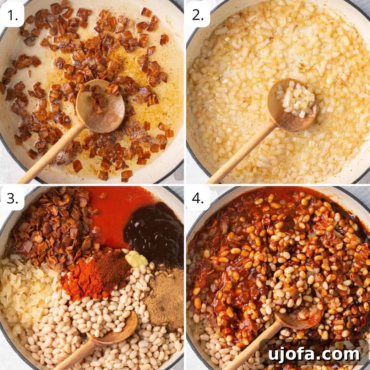 Photos showing the step-by-step process of making healthy baked beans.