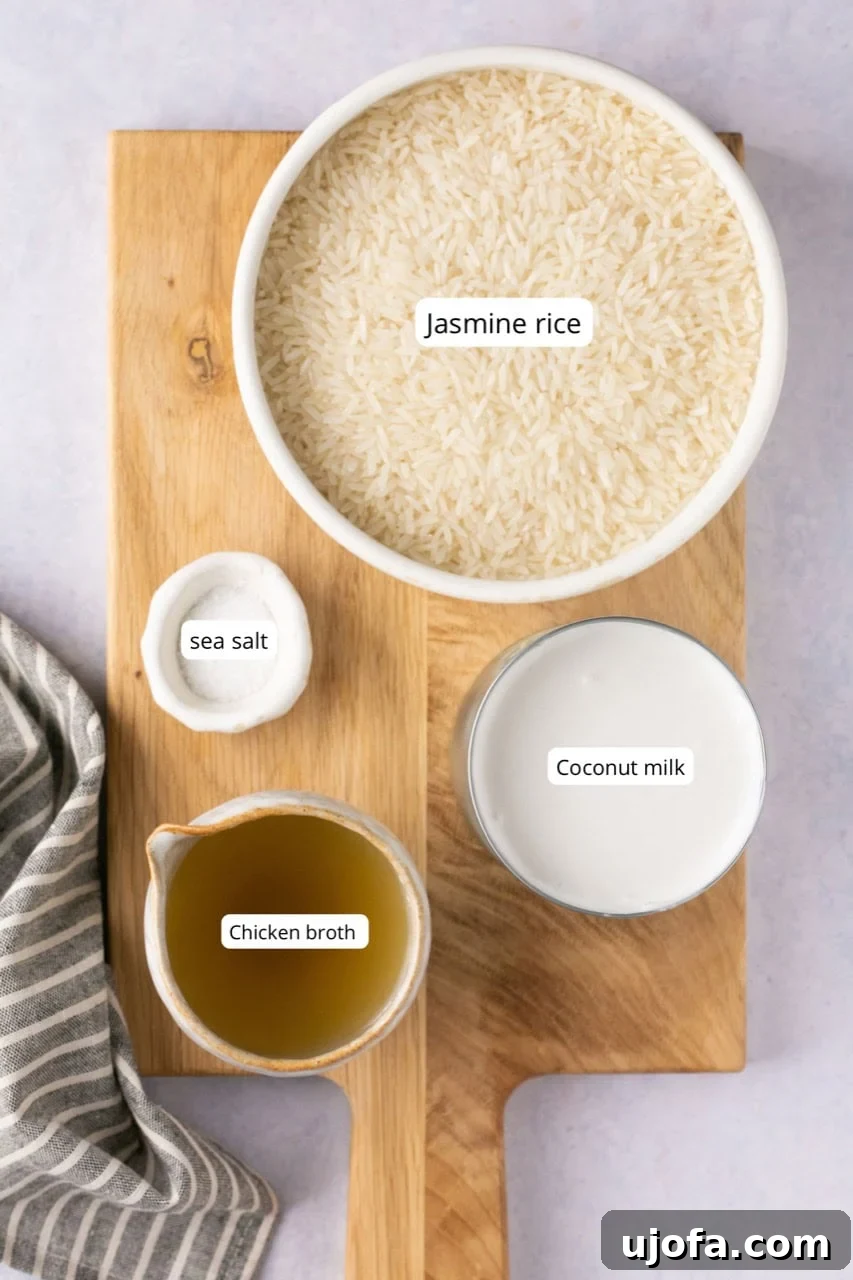 Effortless Instant Pot Coconut Rice 3 Essential ingredients for Instant Pot coconut rice laid out on a wooden cutting board: jasmine rice, a can of full-fat coconut milk, chicken broth, and sea salt in white bowls.