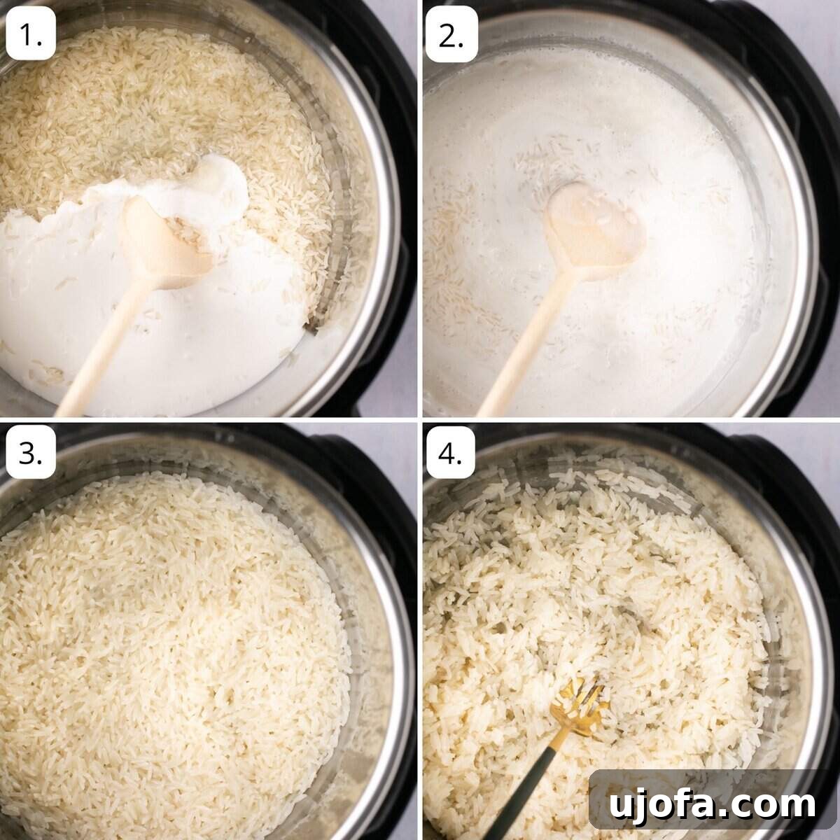 Effortless Instant Pot Coconut Rice 4 A series of step-by-step photos demonstrating the process of making coconut rice in an Instant Pot: mixing ingredients, locking the lid, and fluffing the cooked rice.