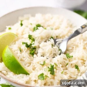 Instant Pot coconut rice topped with cilantro and a wedge of lime in a white bowl with a silver spoon, emphasizing its deliciousness.