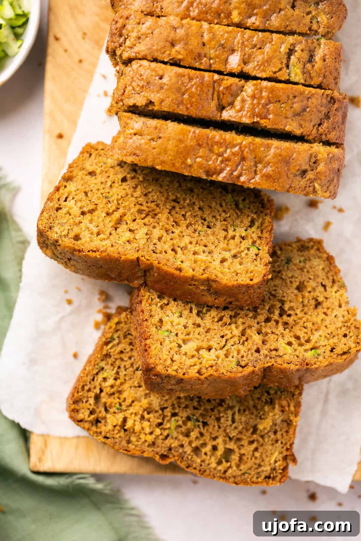 a closeup of sliced gluten free zucchini bread