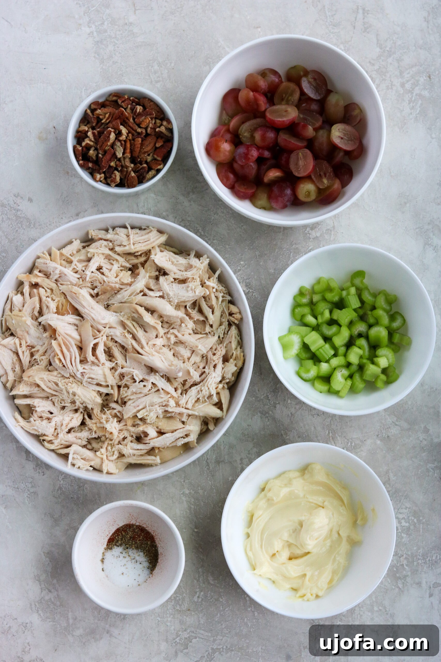 Ingredients laid out to make a healthy chicken salad recipe