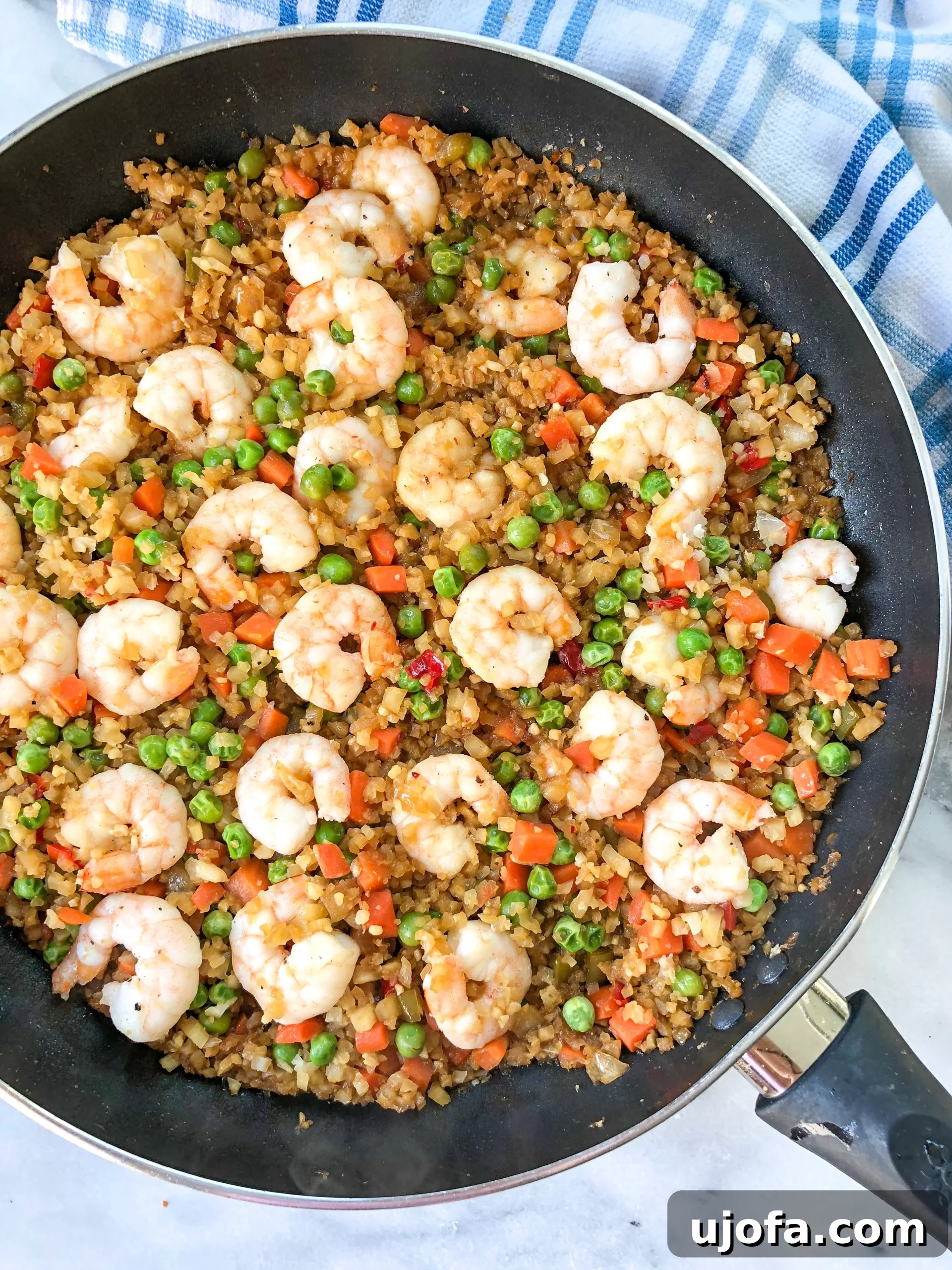 Savory Paleo Shrimp Cauliflower Fried Rice 2 Delicious Paleo Shrimp Fried Rice served in a bowl, garnished with green onions.